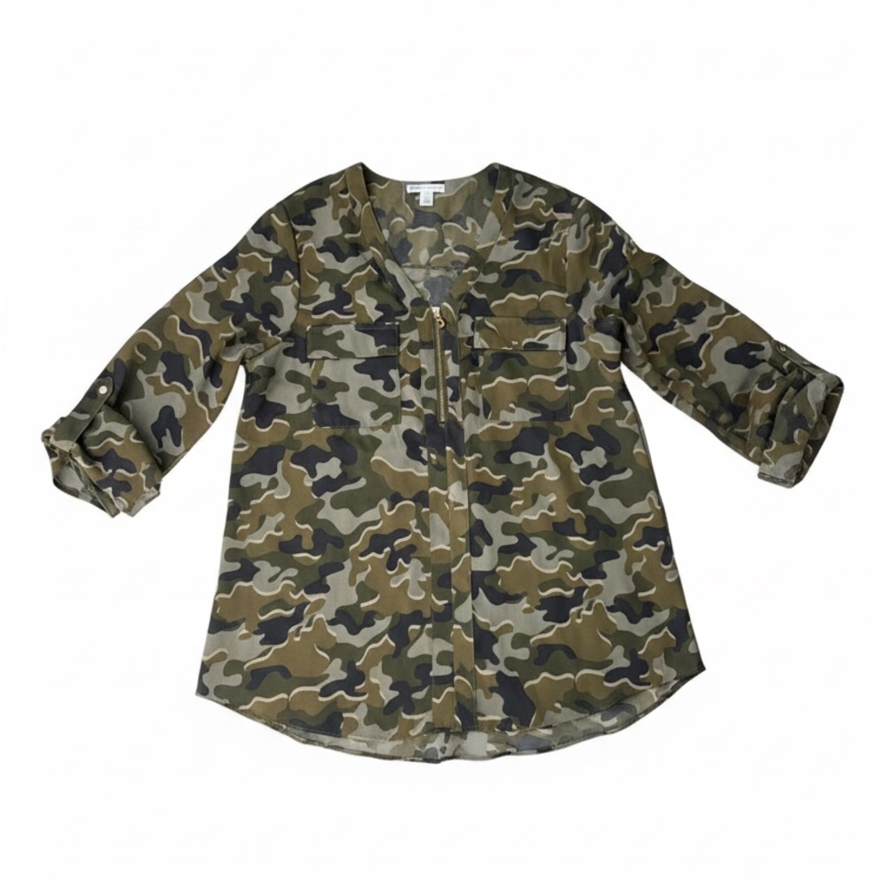Cato Olive and Tan Camouflage Polyester Pullover Blousy Shirt Gold Zipper